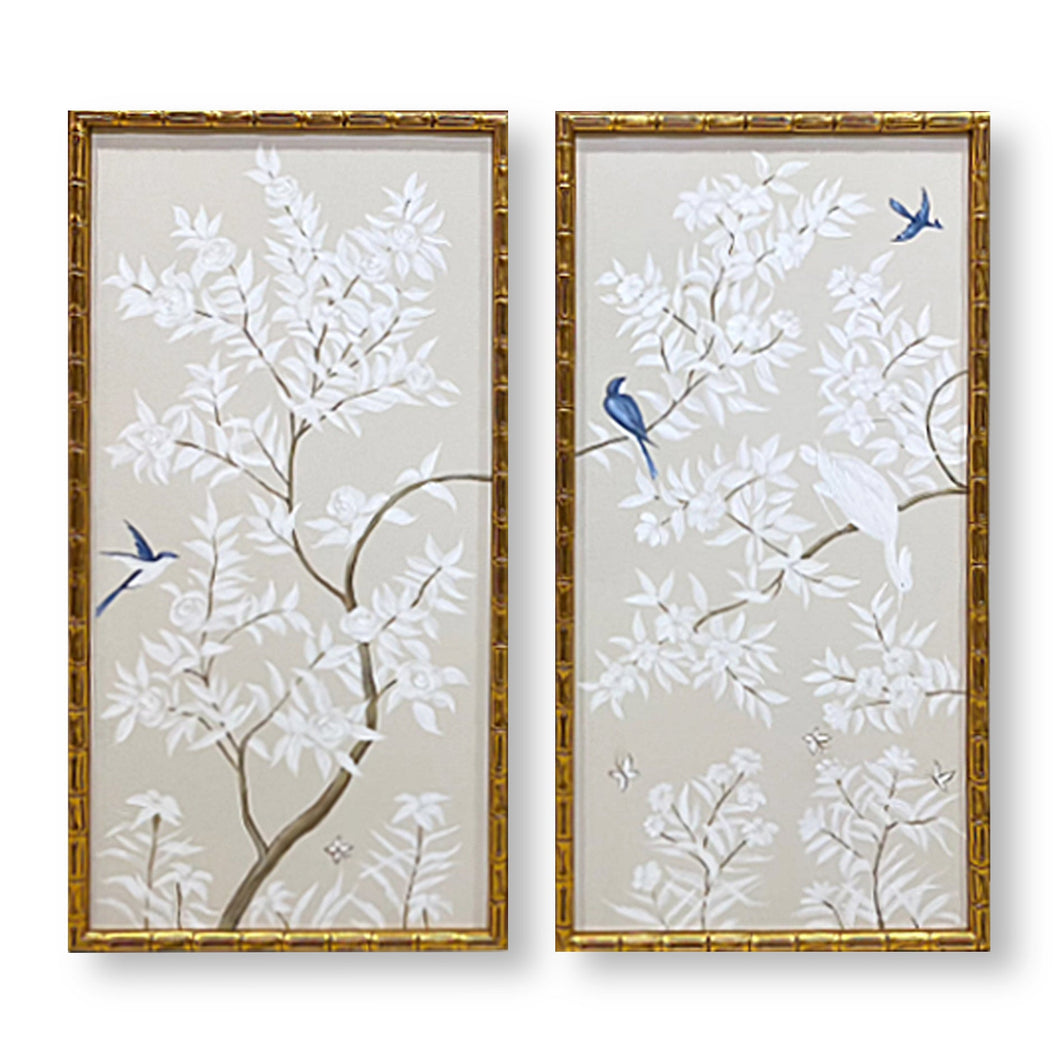 Set of 2 Neutral Beige Chinoiserie Panels