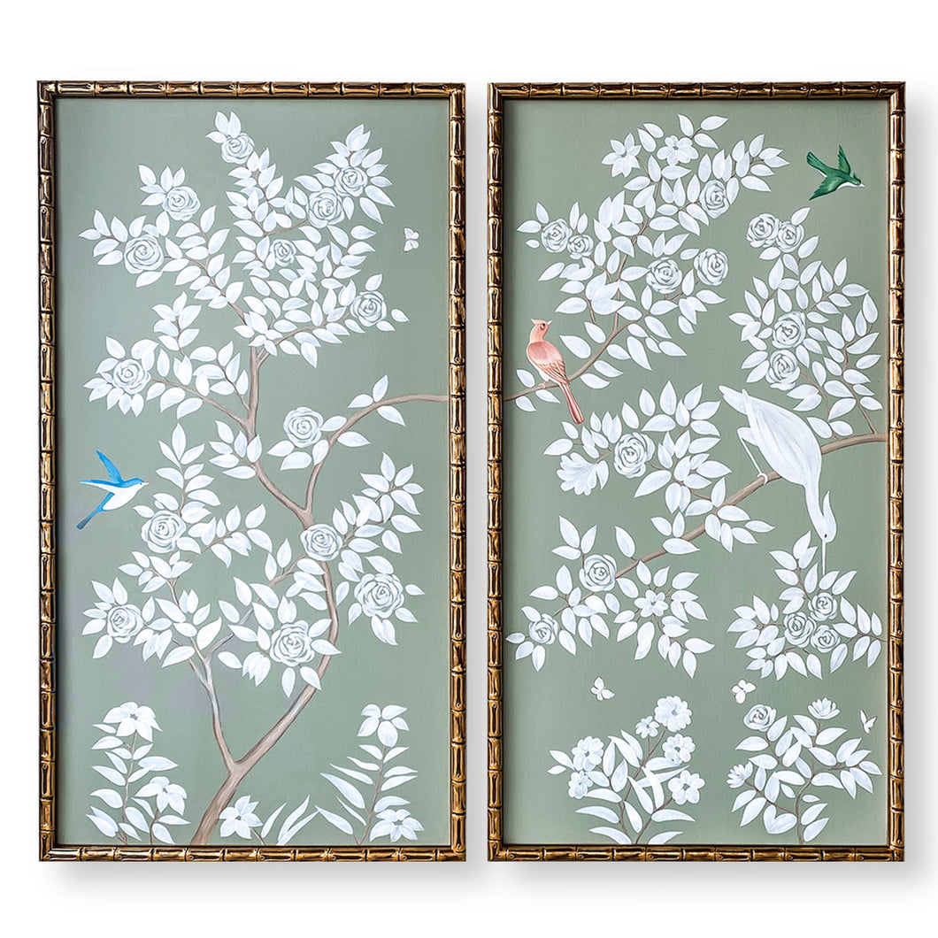 Set of 2 Celadon Chinoiserie Panels