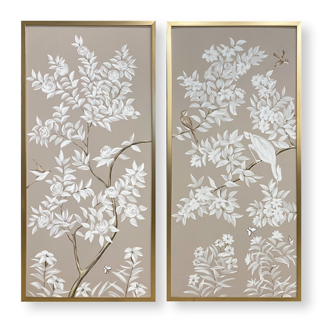 Set of 2 Taupe Chinoiserie Panels