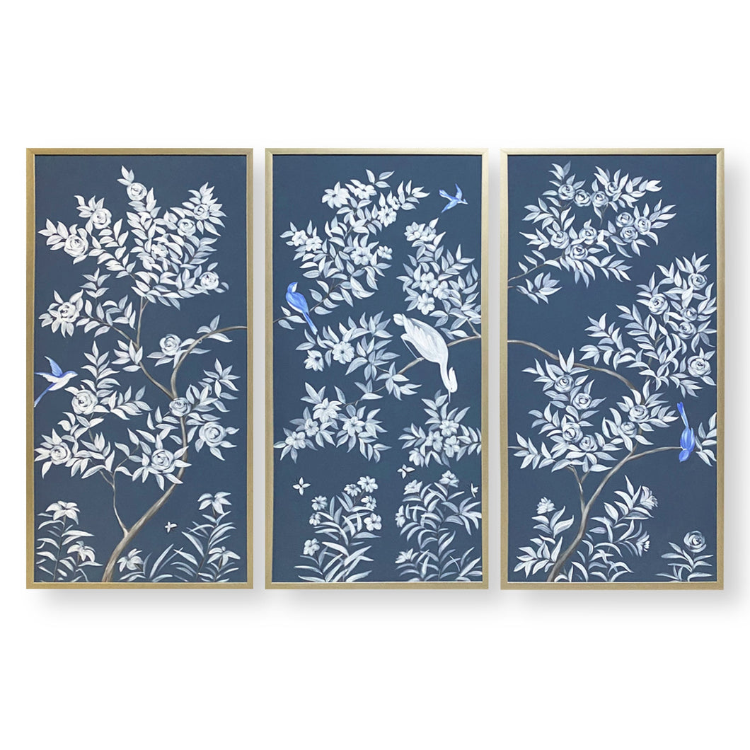 Set of 3 Dark Blue Chinoiserie Panels