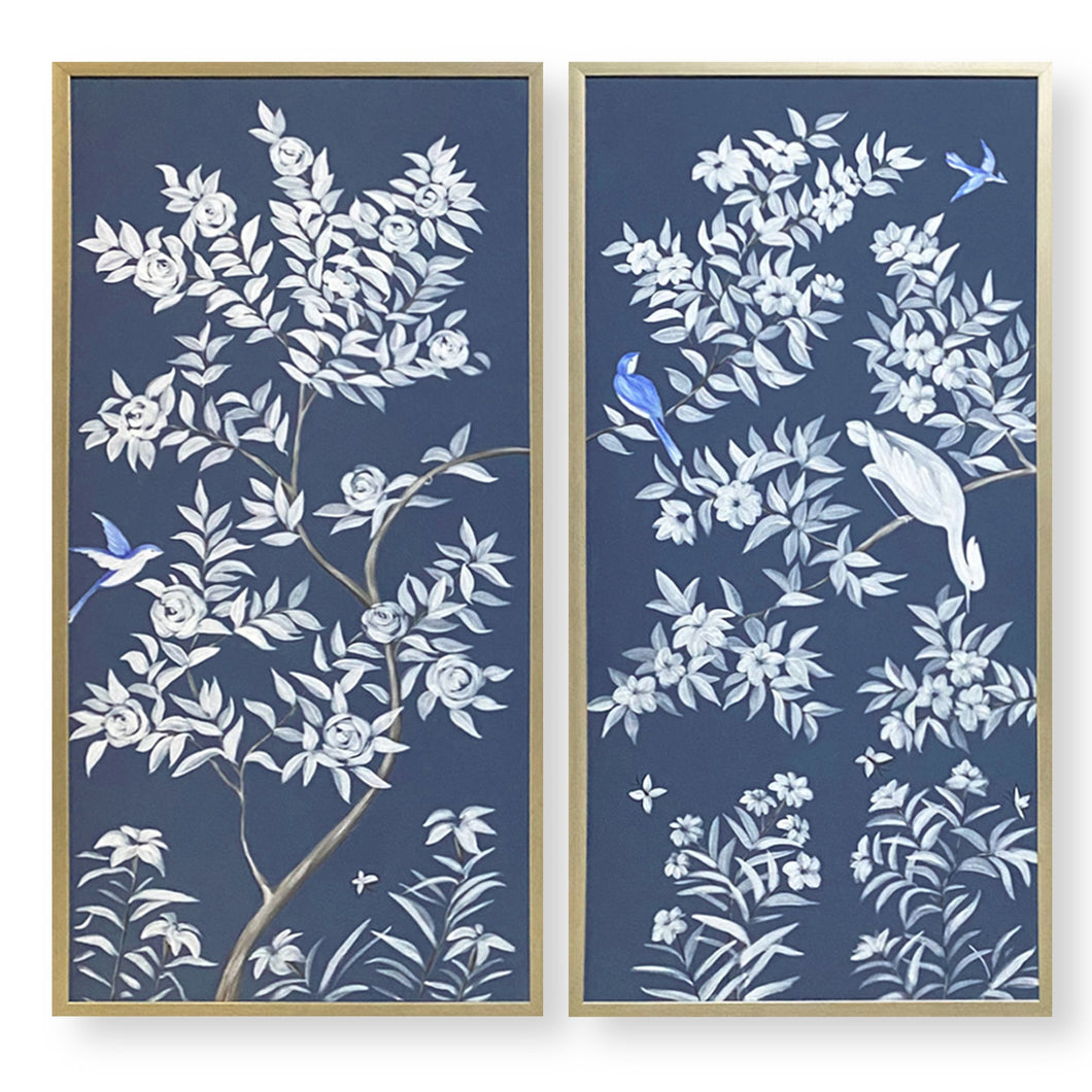 Set of 2 Dark Blue Chinoiserie Panels