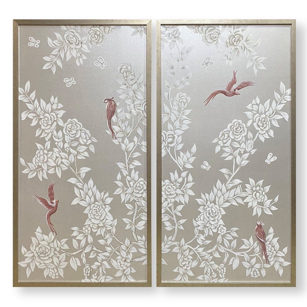 Set of 2 Silver & Pink Chinoiserie Panels