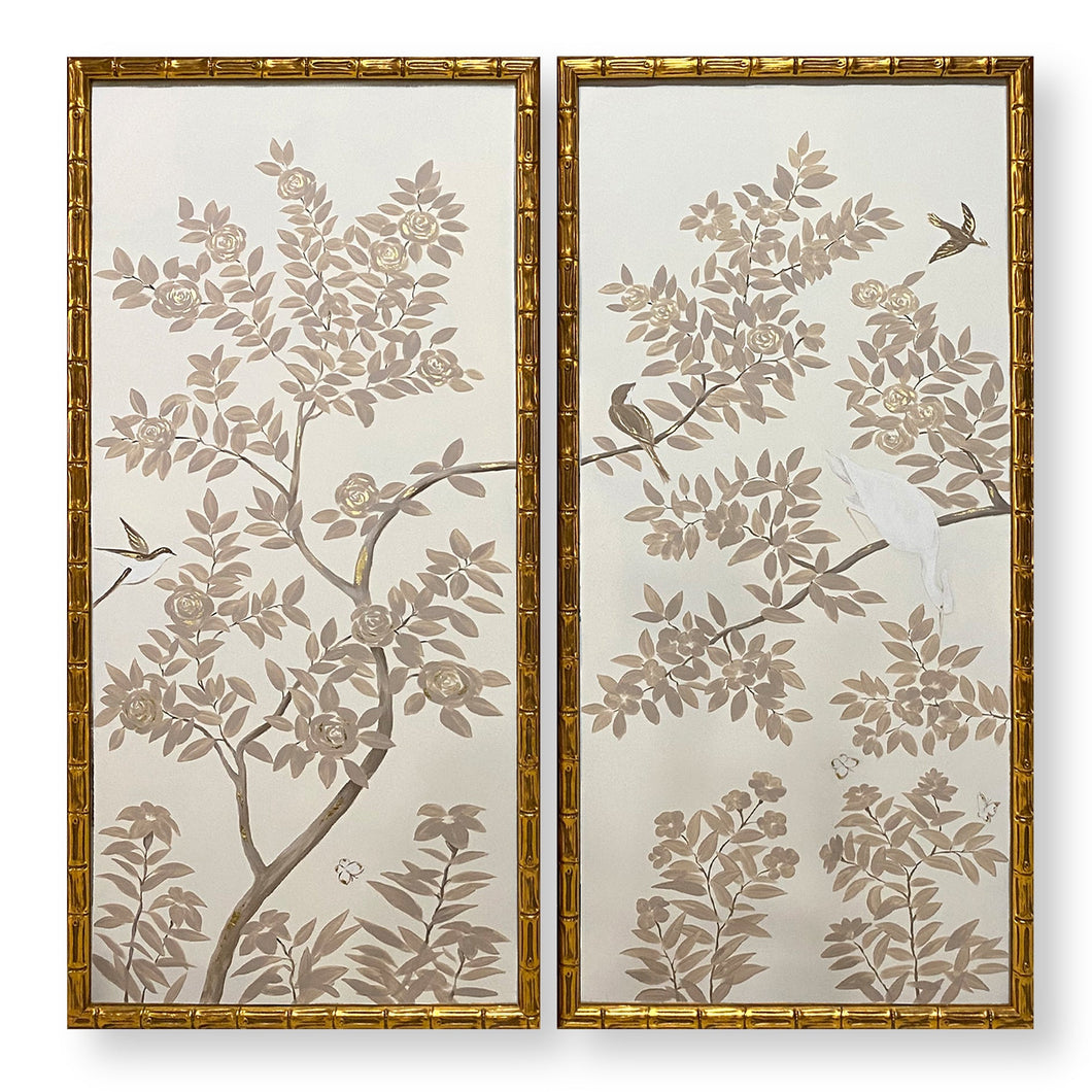 Set of 2 Taupe & Beige Chinoiserie Panels