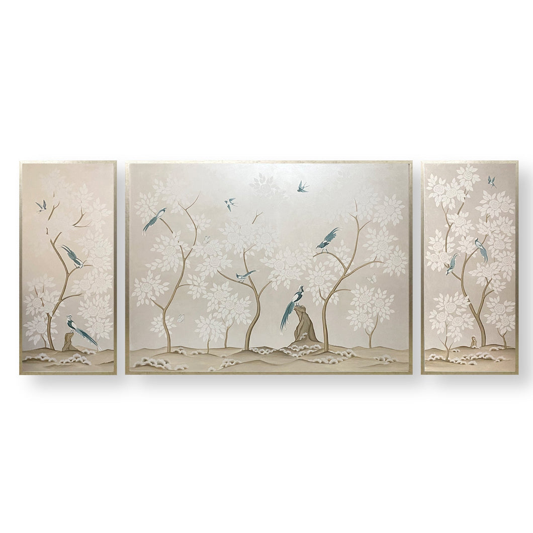 Large Set of 3 Silver Chinoiserie Paintings