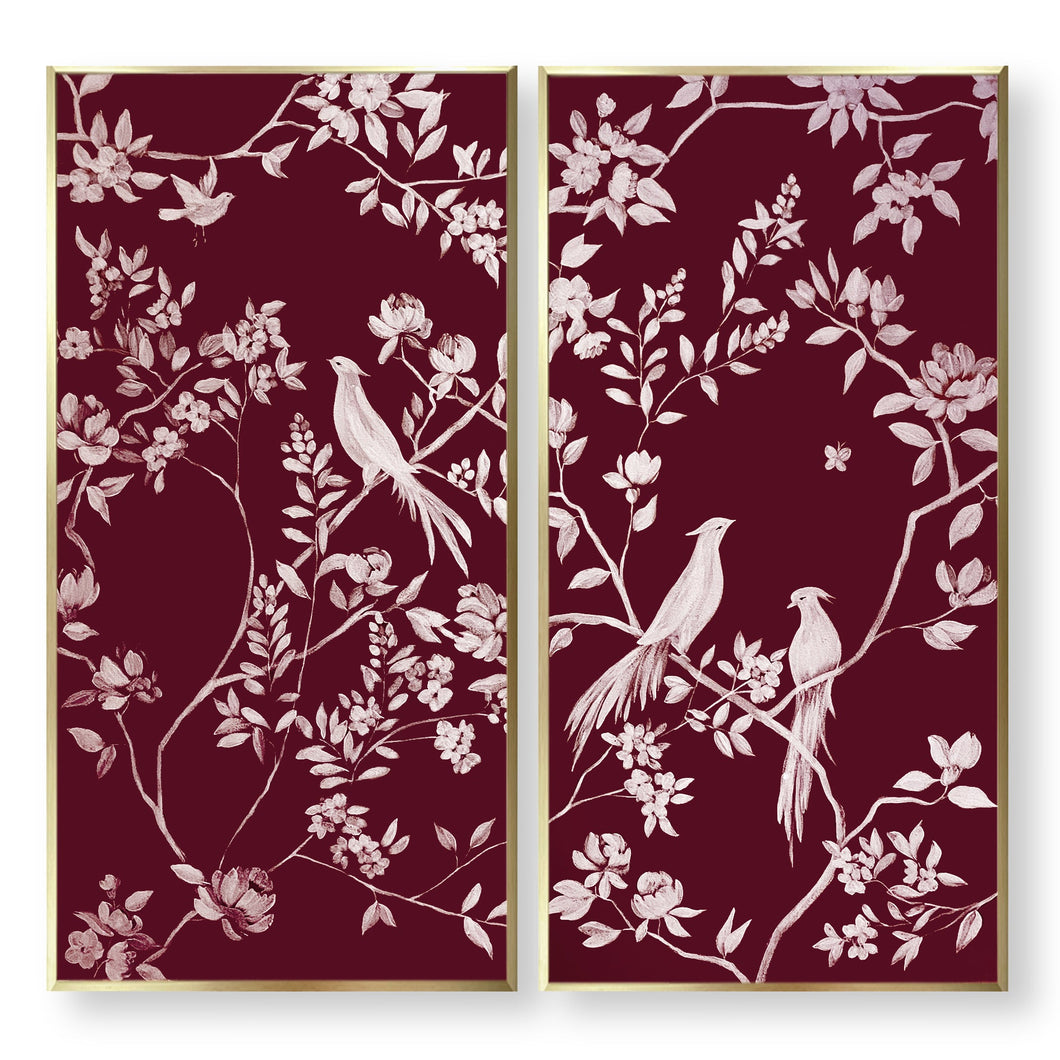 Set of 2 Burgundy Chinoiserie Panels