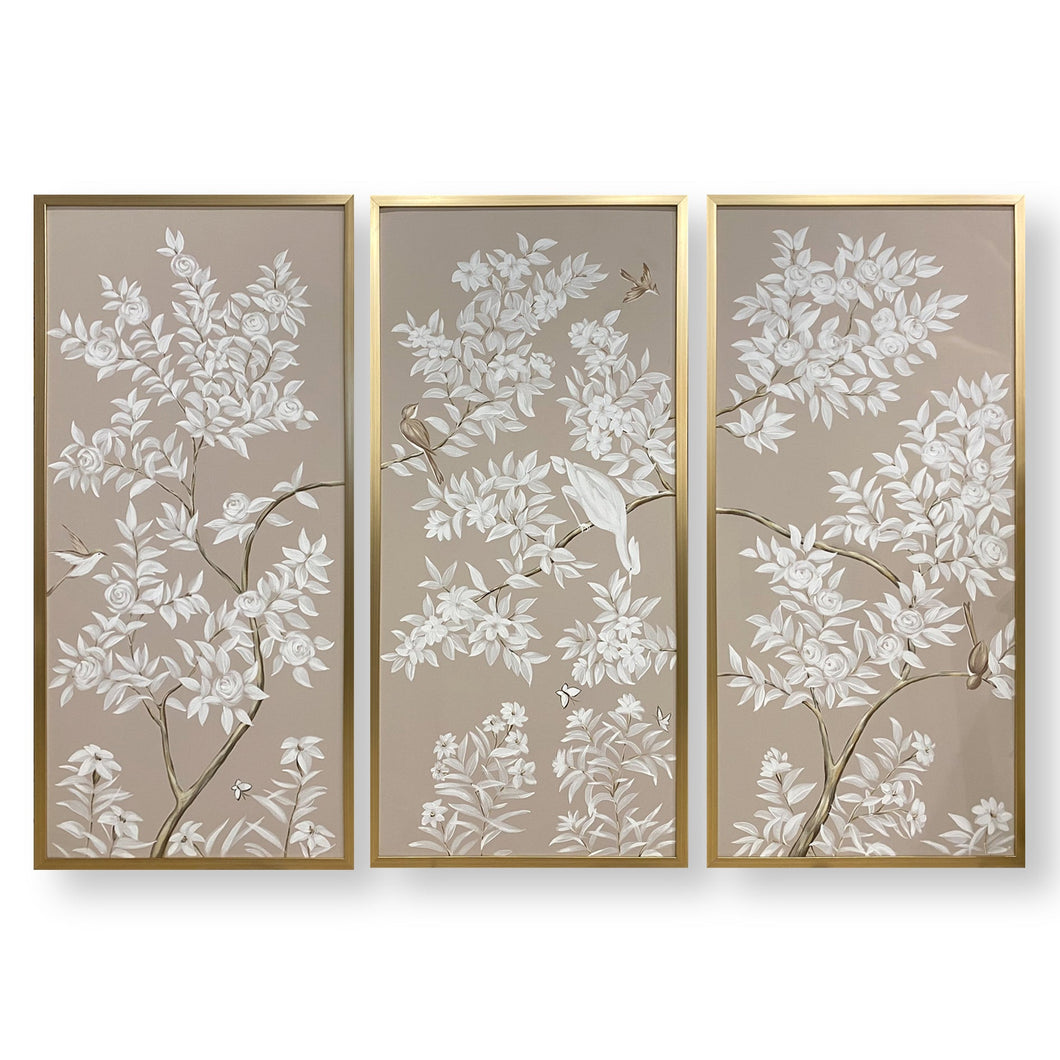 Set of 3 Beige Chinoiserie Panels