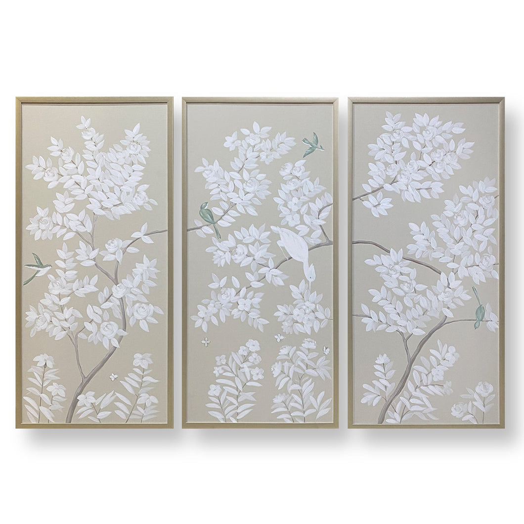 Set of 3 Light Beige Chinoiserie Panels