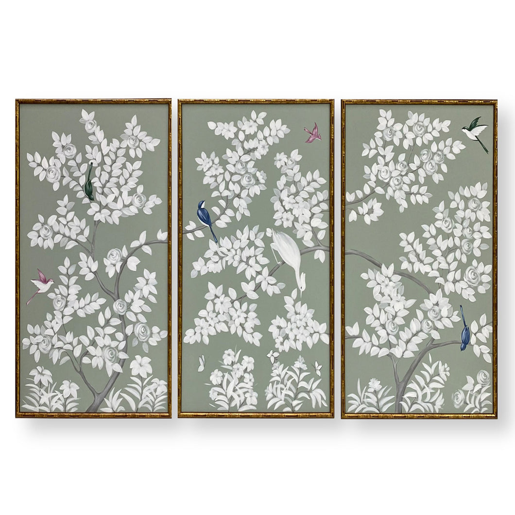 Set of 3 Celadon Color Chinoiserie Panels