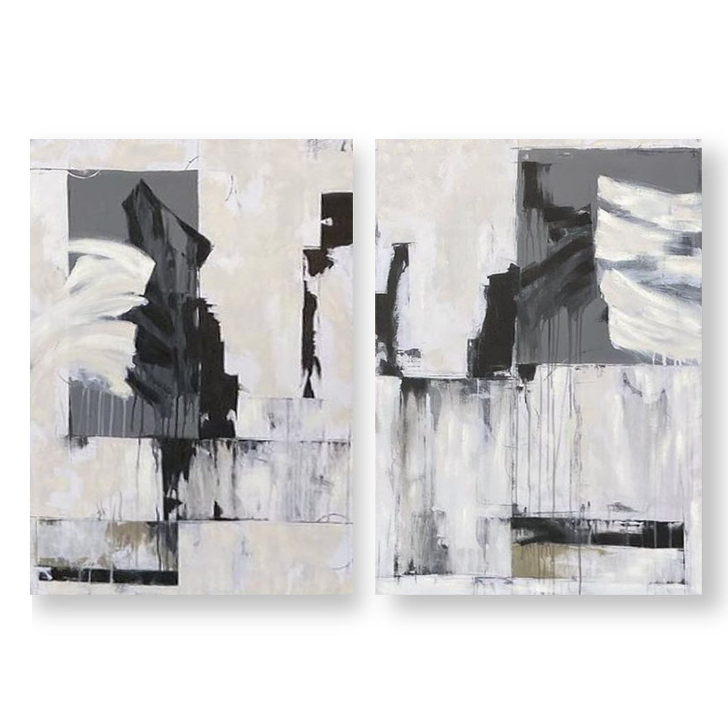 Diptych Gray and White Abstract Painting