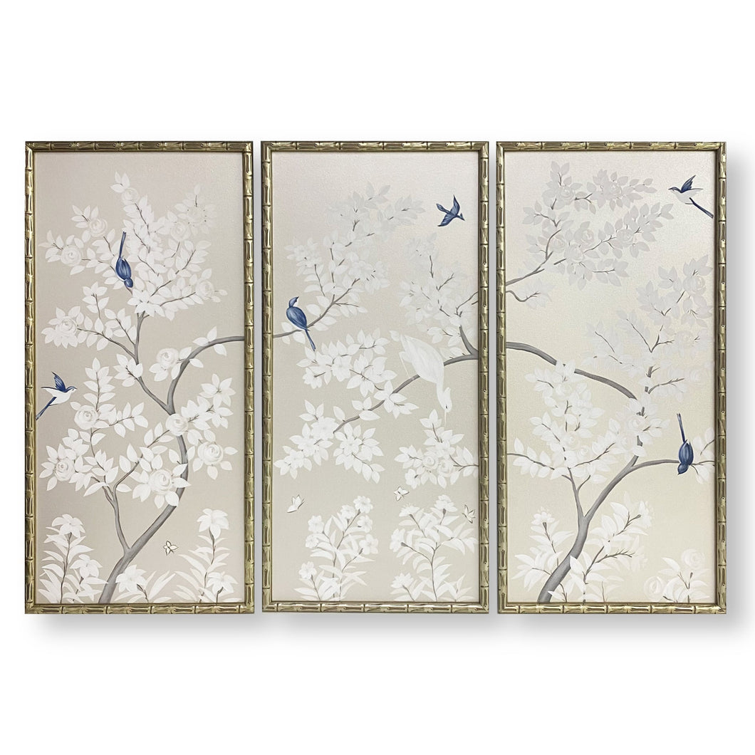 Set of 3 Silver Chinoiserie Bamboo Panels